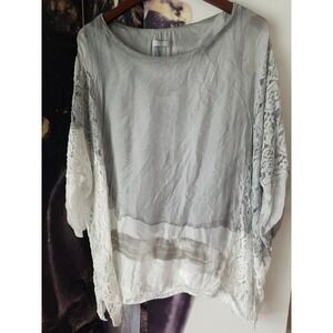 LENA GABRIELLE Women's Lace‎ Insert Silk Half Sleeve Gray White Tunic Blouse OS